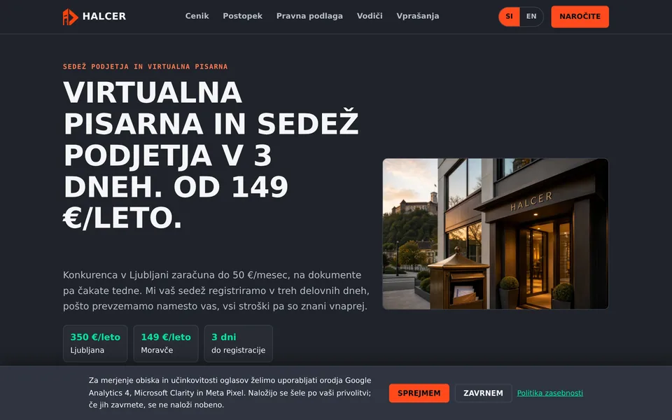 Predogled spletne strani sedezpodjetja.si: registracija sedeža podjetja